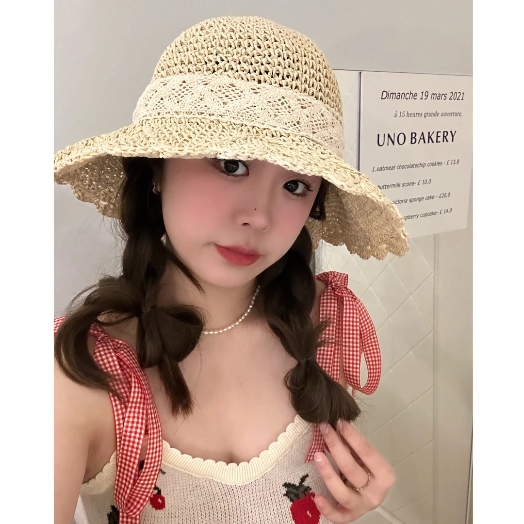 日系田园风蕾丝系带蝴蝶结手工编织草帽韩版小清新少女海边沙滩帽