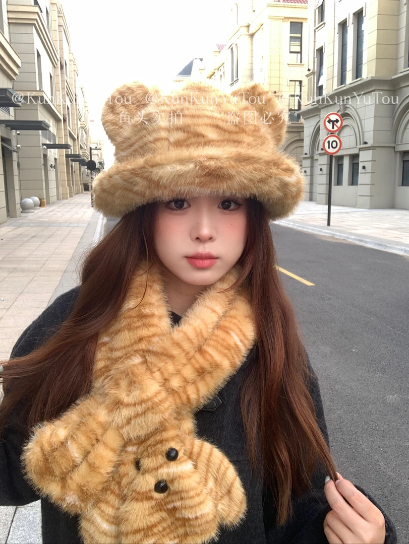 困困鱼头可爱小老虎虎纹毛绒大头渔夫帽保暖护颈防寒围脖帽子潮