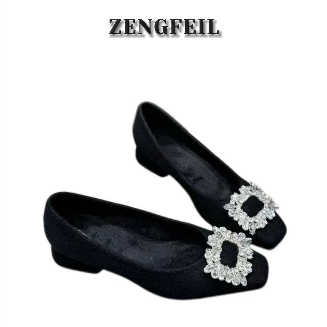 ZENG.FEIL内加绒水钻金属扣方头平底单鞋软底浅口平跟女鞋保暖