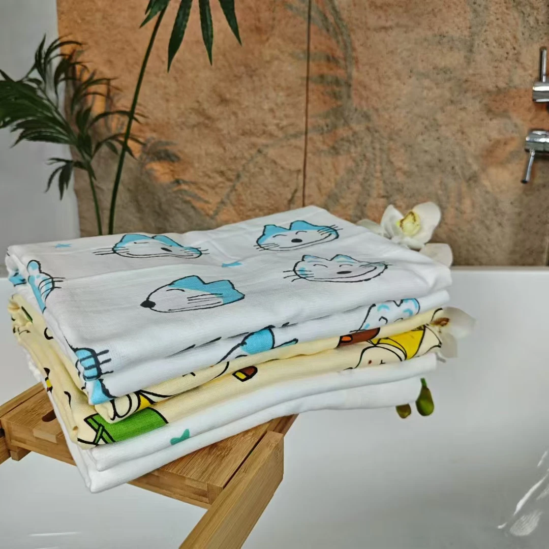 全棉 双层印花卡通纱布浴巾4条装