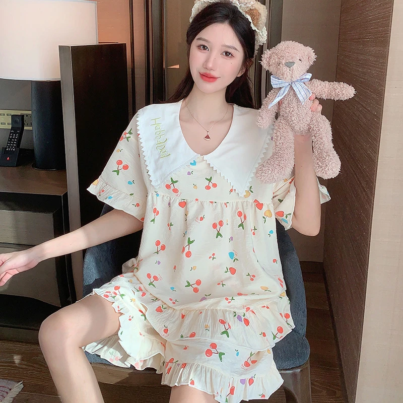 夏季新款甜美可爱少女娃娃领短袖家居服套装可外穿睡衣