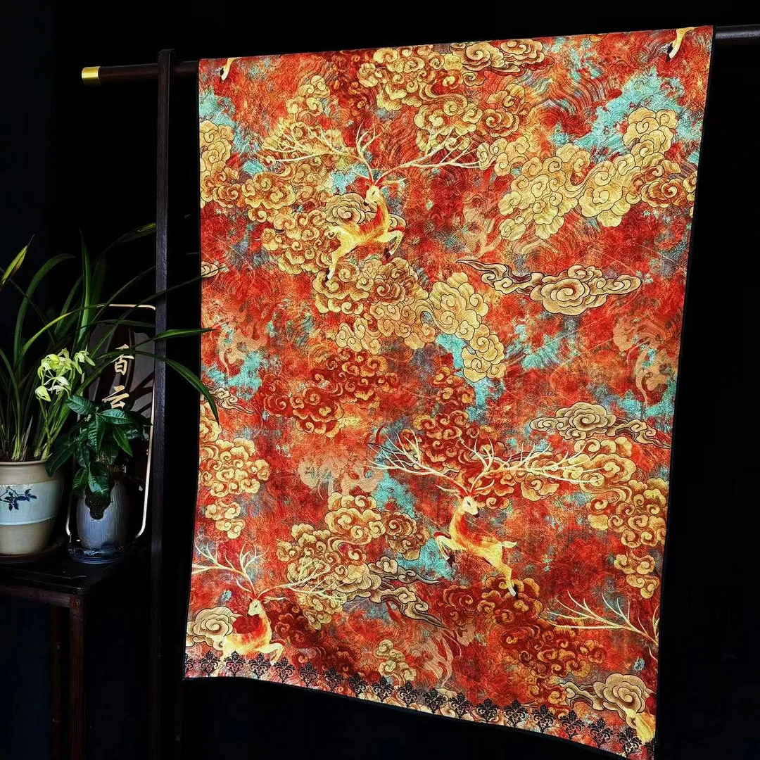 【鹿踏祥云】龙鳞纹香云纱长巾新中式国风披肩丝巾70*180（507-A）