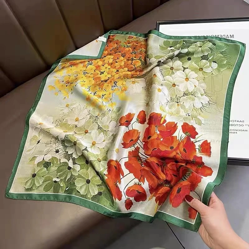 【四季繁花】时尚气质百搭丽锦缎披肩小方巾70*70（A-095）