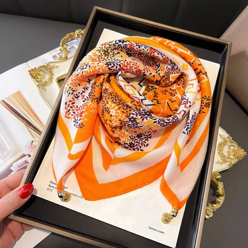 【多彩繁花橙】棉麻磁吸扣时尚气质百搭披肩丝巾70*70（A-358）