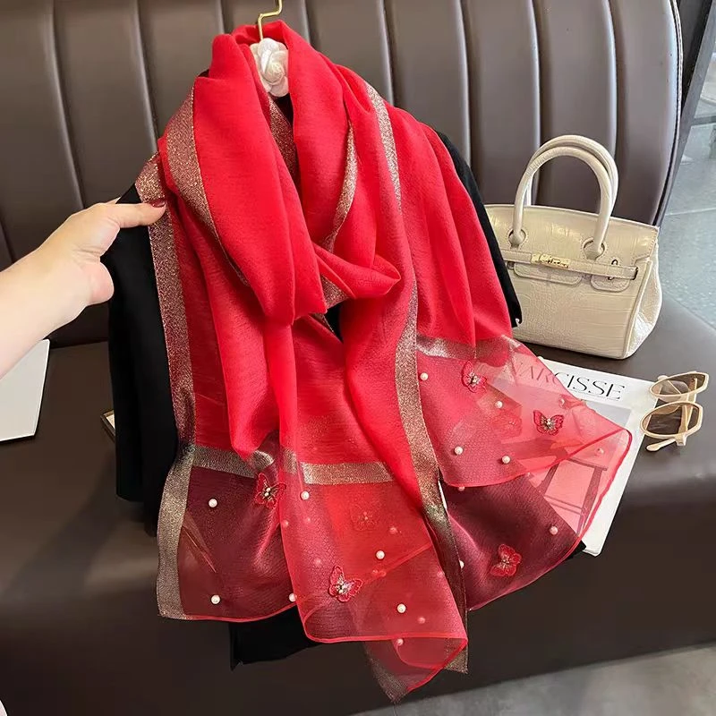 【红红火火-钉珠款】桑蚕丝羊毛蝴蝶百搭丝毛披肩丝巾75*200（227-A）