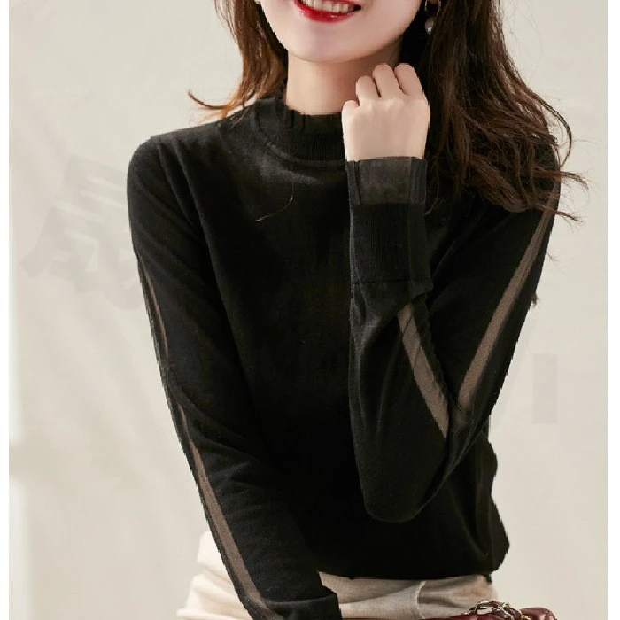 气质网纱拼接衫新款长袖2024法式秋季吊带实拍女装DGS设计时尚V领