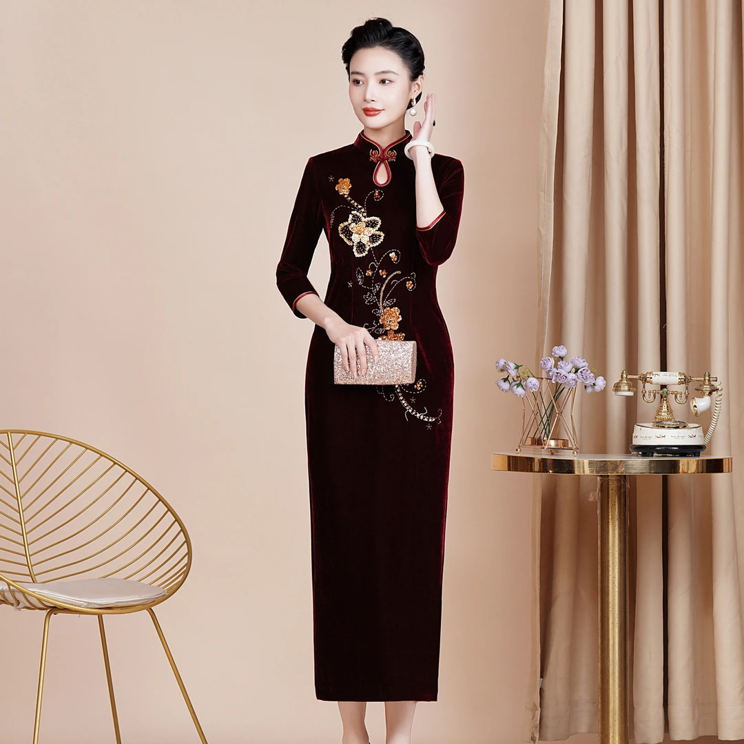 秋装新款修身改良丝绒旗袍喜妈妈婚宴礼服长款喜婆婆敬酒服七分袖