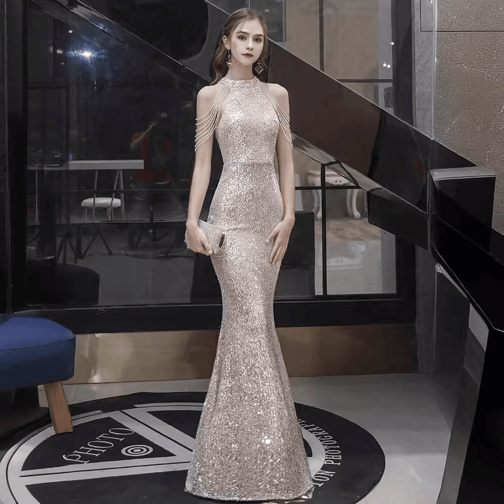 晚礼服女宴会气质挂脖长款2024新客重工鱼尾长裙轻奢小众年会礼服