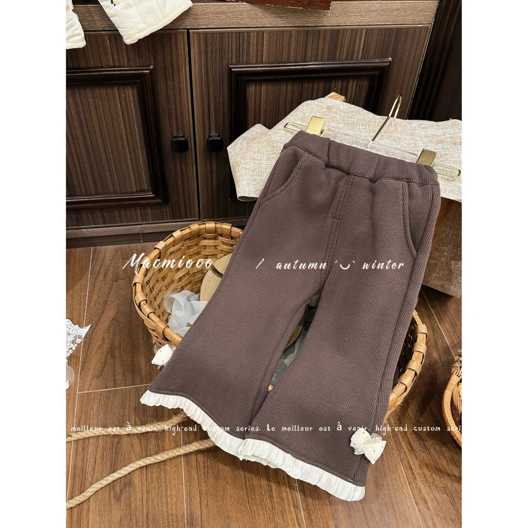 【筷子腿】MACMIOCO | 女童韩版休闲百搭拼接花边宝宝绒裤子189005