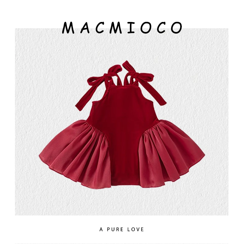 【红丝绒】MACMIOCO | 女童洋气绑带蛋糕拼接裙摆加绒连衣裙189034