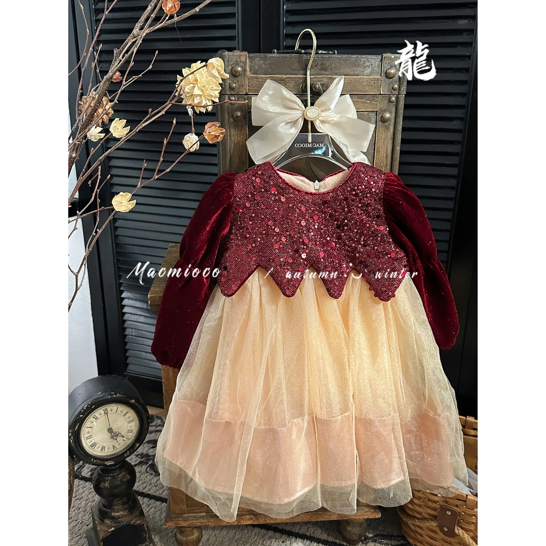 【琉璃】MACMIOCO | 女童洋气红色珠片绣闪闪加绒公主连衣裙189046