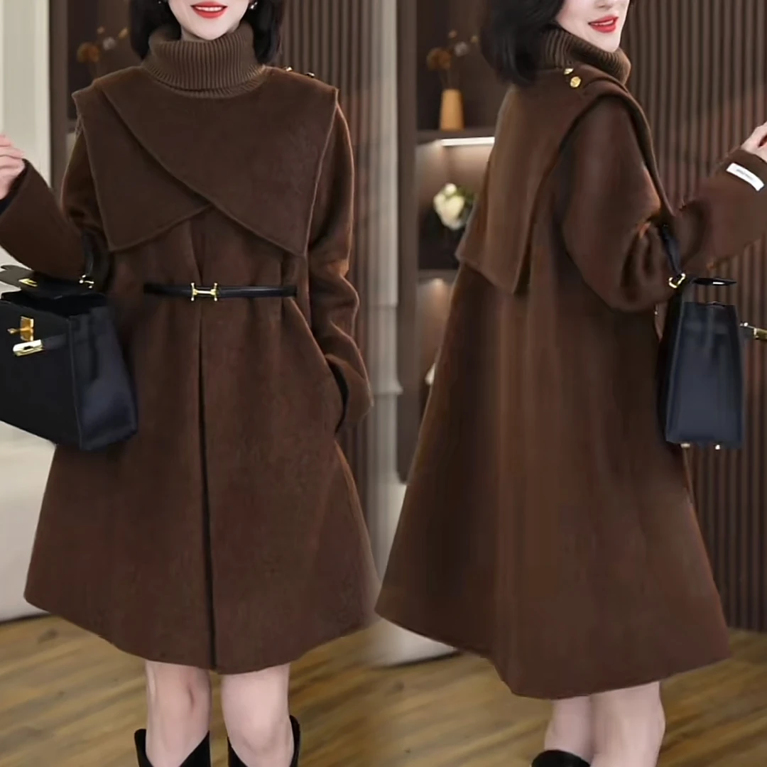[加棉】秋冬新款可拆卸斗篷毛呢大衣中长款修身显瘦时髦两件套6538