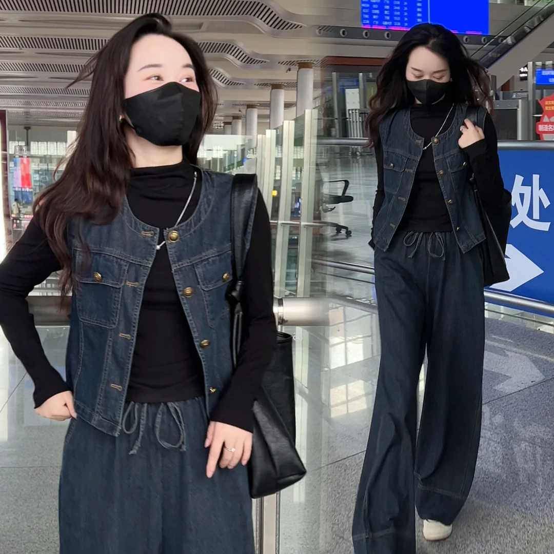 6265|无袖牛仔气质时尚秋季新款减龄高腰简约女两件套时尚套装