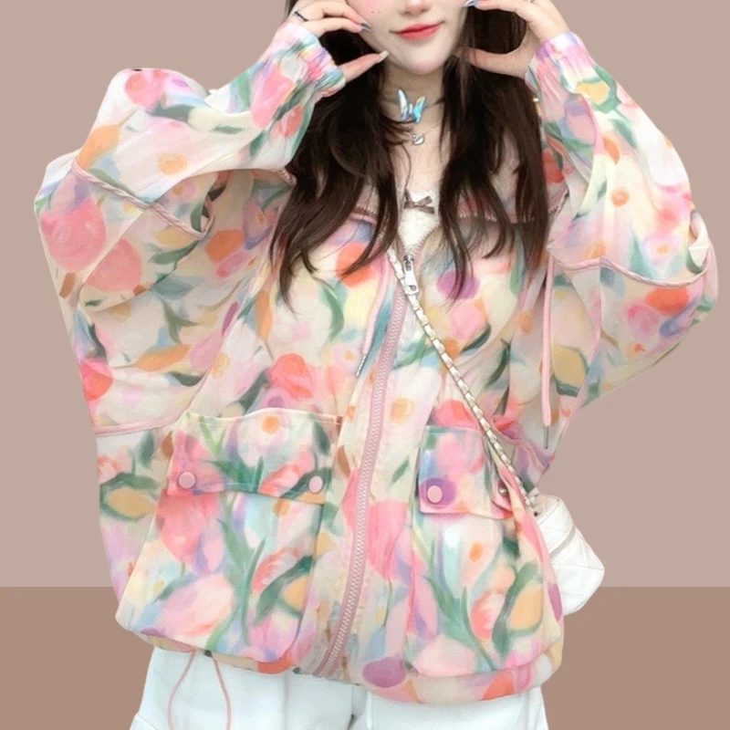 彩色印花冰丝薄款防晒衣外套女2025夏季新款连帽遮阳透气防晒开衫