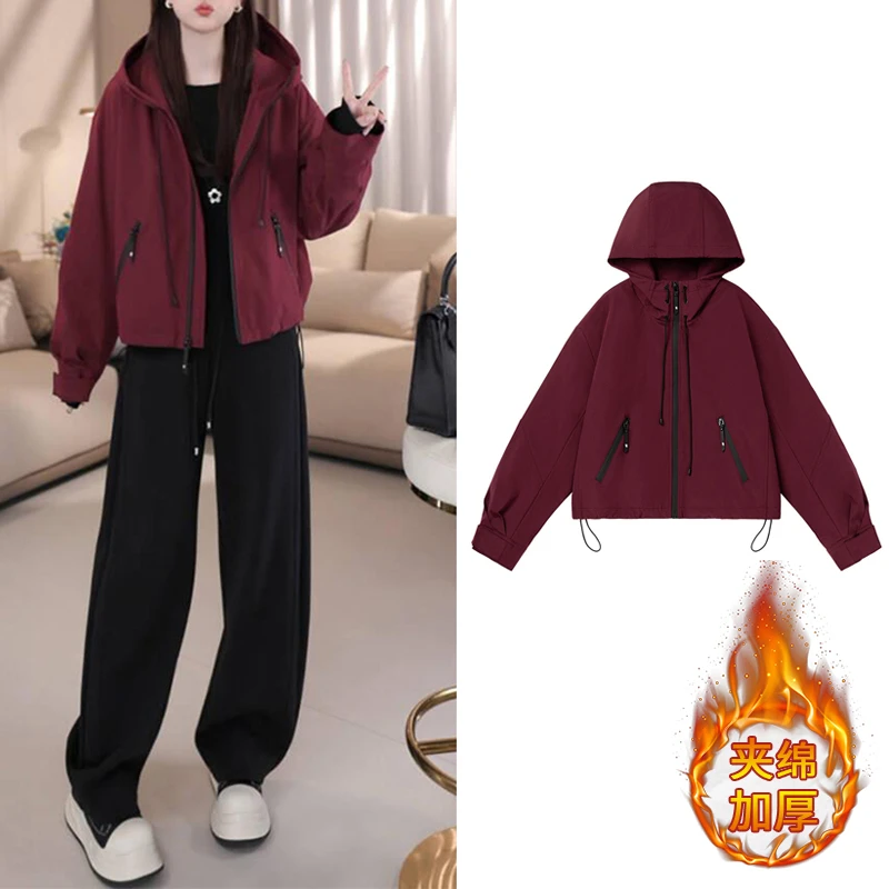 韩版时尚洋气设计感夹棉连帽冲锋衣2024年秋冬季新款加厚保暖外套