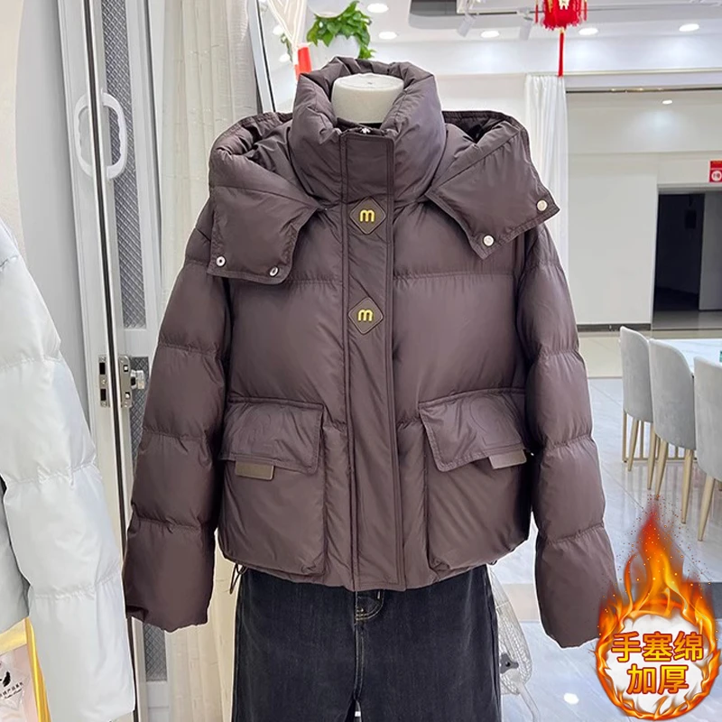 韩版时尚保暖面包服外套女2025年秋冬季新款洋气短款立领连帽棉服