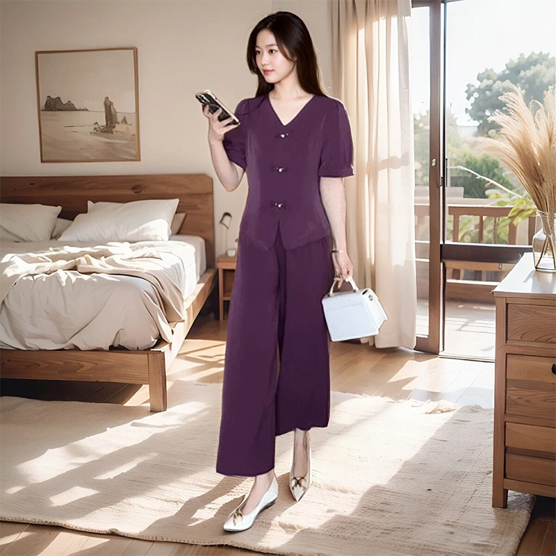 2025夏季新款时尚套装女宽松洋气减龄新中式国风上衣阔腿裤两件套