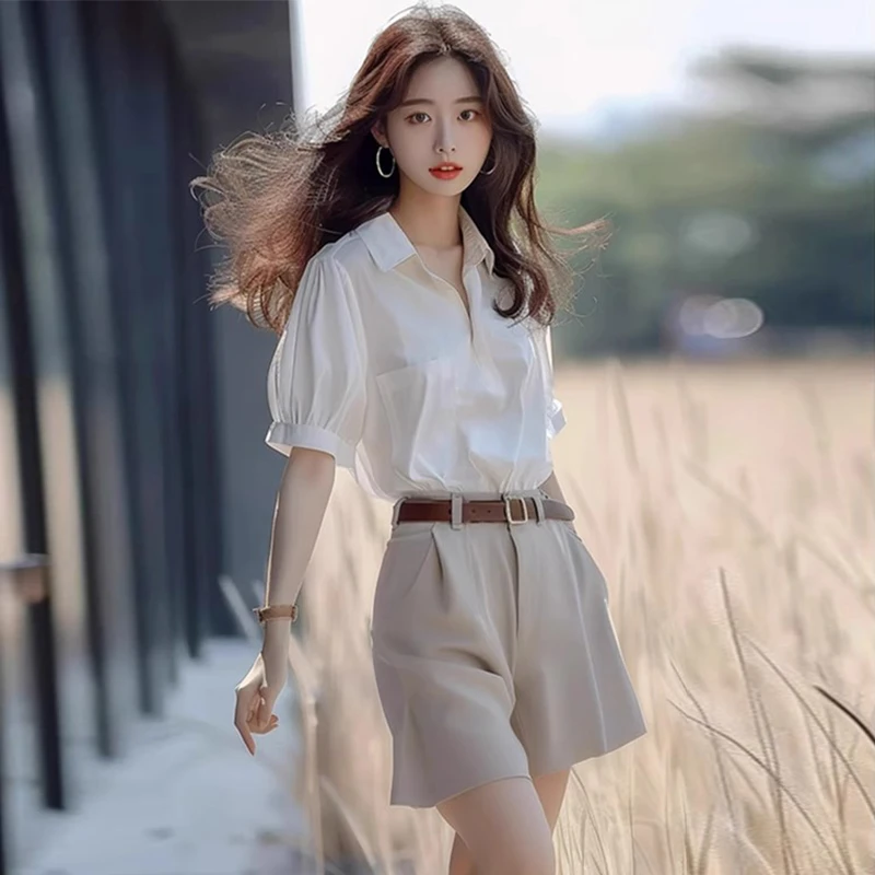 短裤套装女夏装搭配一整套小个子时尚气质休闲白色短袖衬衫两件套