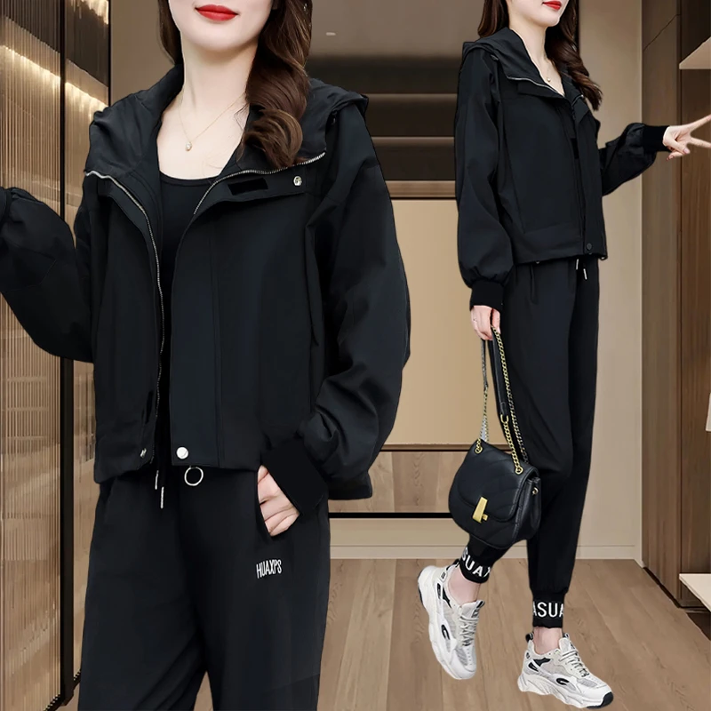 香朵儿2025年春秋大码高档运动套装女连帽短款高腰显瘦休闲两件套
