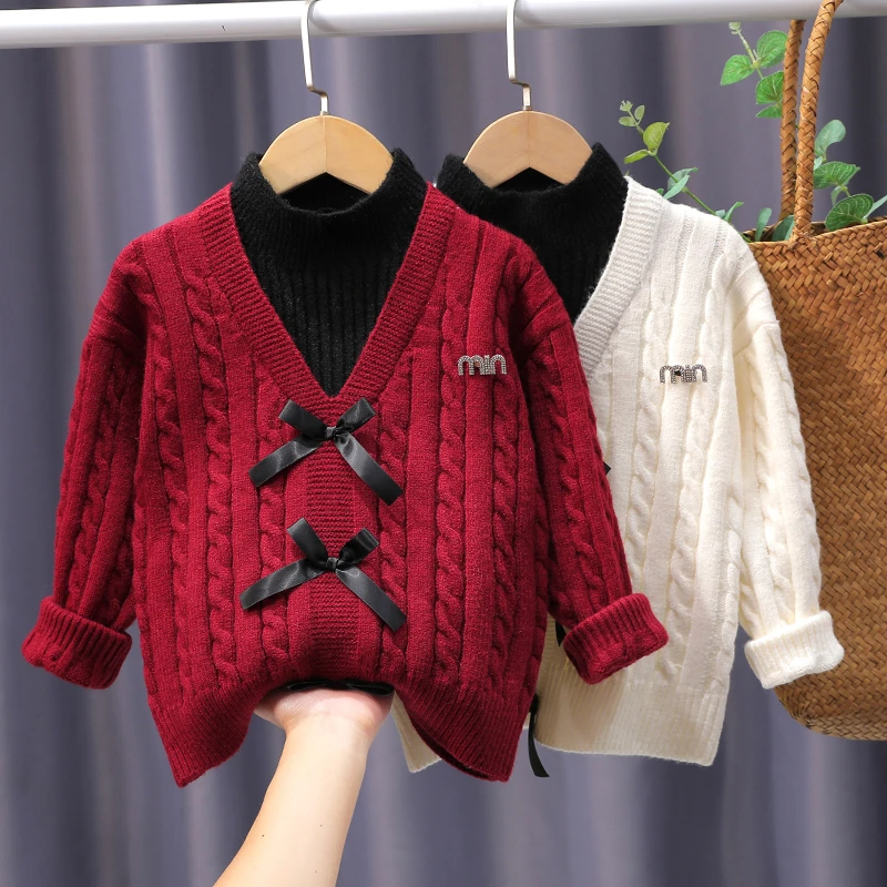 2025新款假两件儿童蝴蝶结加厚针织女宝女童针织儿童加厚毛衣女孩