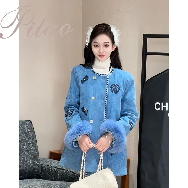 杜屁屁桃PITAO 原创【丹宁邮差】羽绒服高定复古印花小香风加绒外套