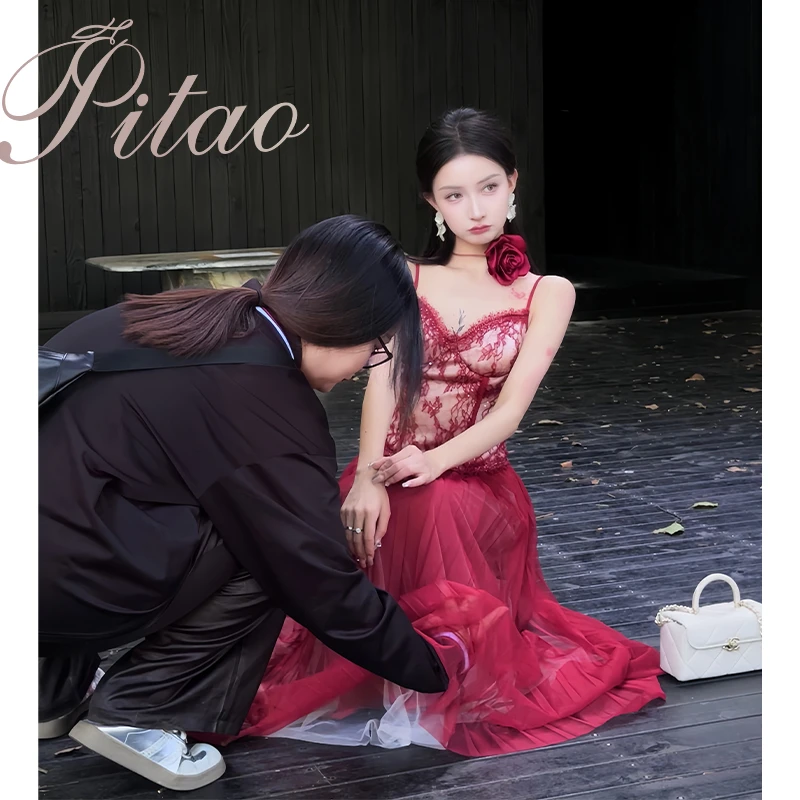 杜屁屁桃PITAO 原创【倾城之恋】吊带+半裙夏季性感法式显瘦蕾丝