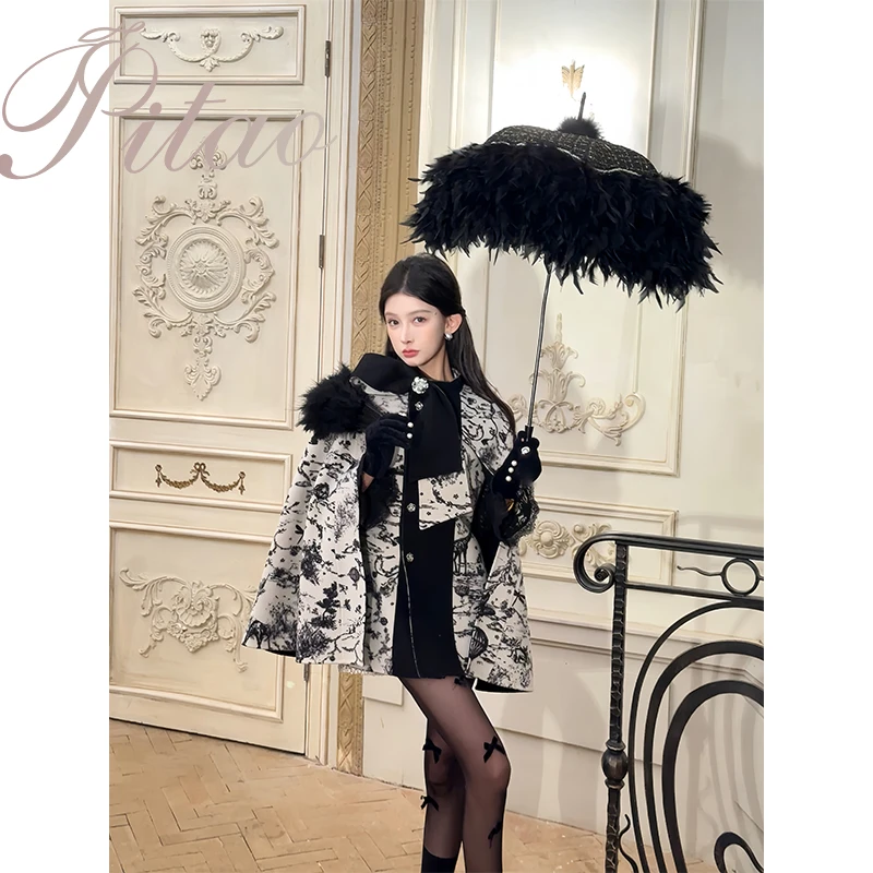 杜屁屁桃PITAO 原创【中古画廊】水墨画双面呢羊毛大衣复古毛呢外套