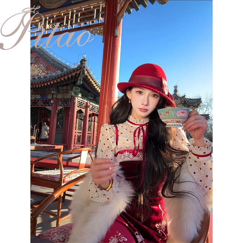 杜屁屁桃PITAO 原创【红昭愿】轻熟风网纱镂空上衣丝绒吊带裙套装