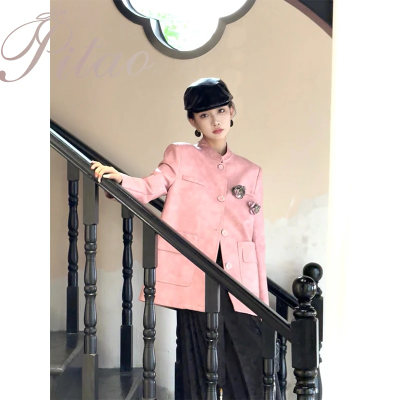 杜屁屁桃PITAO 原创【莫妮卡】设计感立体玫瑰立领外套小众复古