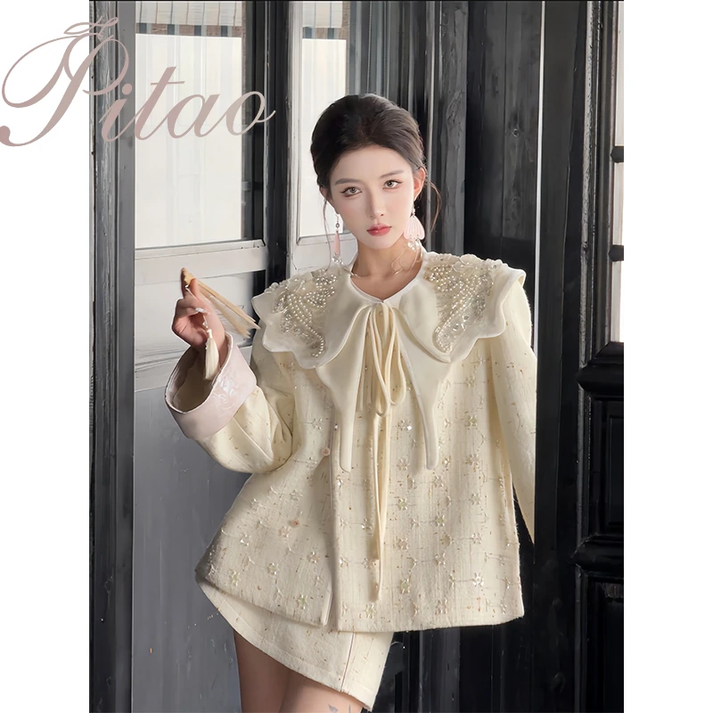 杜屁屁桃PITAO 原创【月桂花瑶】外套+裙裤+衬衫 重工刺绣珠花套装