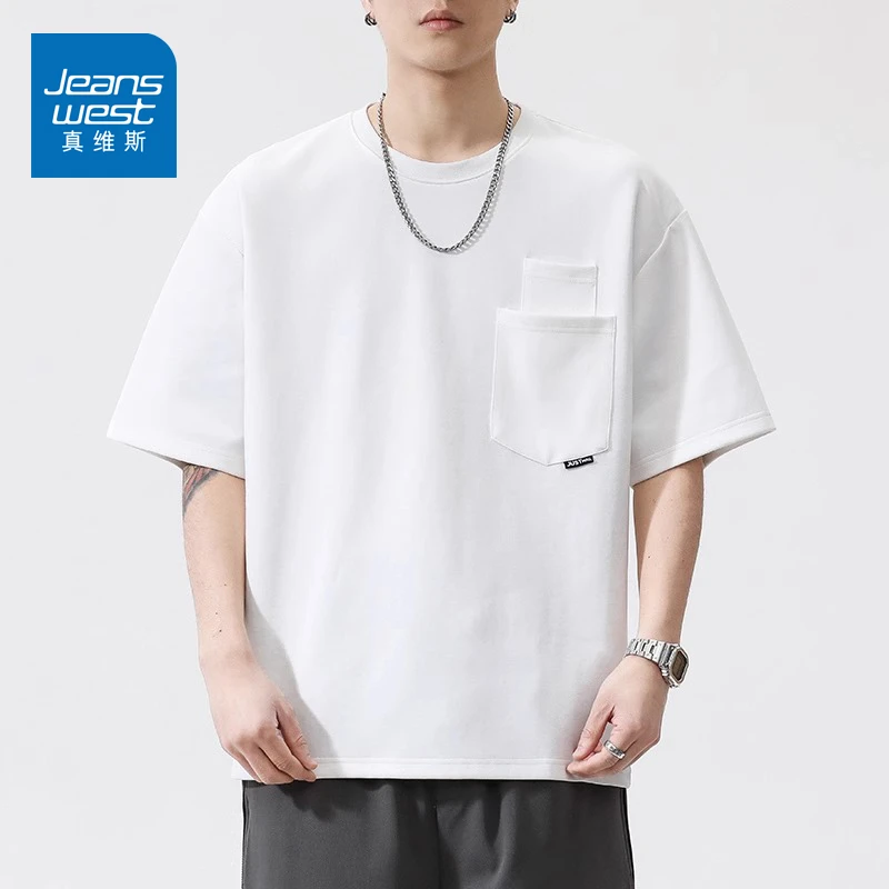 真维斯280g重磅短袖T恤男士白色潮牌休闲宽松圆领半袖体恤春夏款