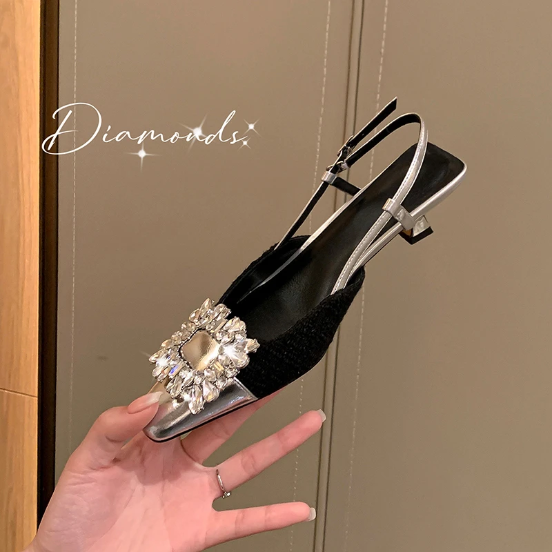 法式方扣水钻尖头高跟凉鞋女细跟2025新款夏季小香风包头后空单鞋