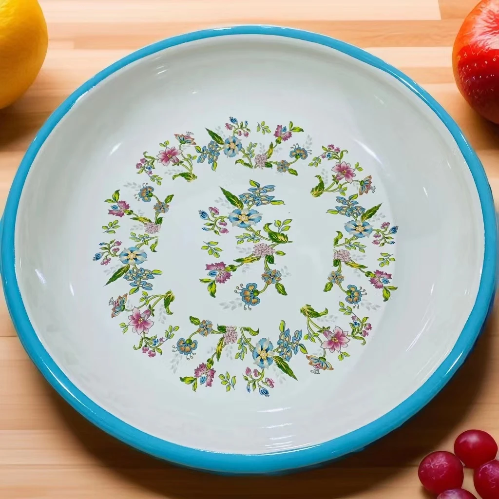 特厚圆盘22cm【蓝边】紫罗兰珐琅搪瓷盘子灶具通用珐琅彩圆盘子