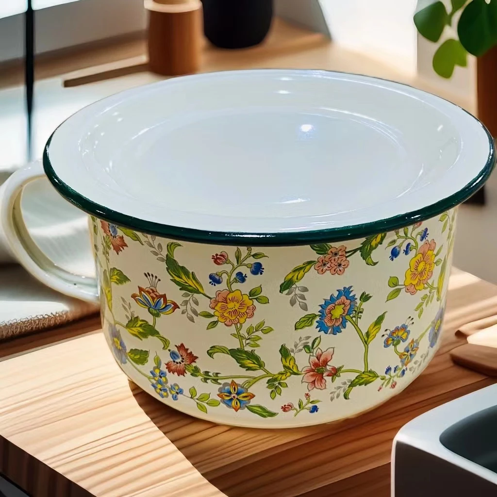 泡面杯碗14cm【绿边】紫罗兰珐琅搪瓷碗灶具通用珐琅彩碗