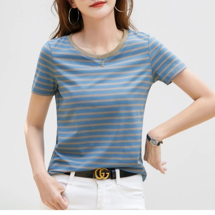 24年夏季新款条纹复古上衣韩系百搭宽松圆领短袖设计感撞色t恤衫