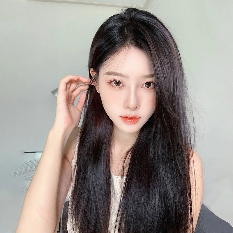 假发女款长直发自然中分真人发丝蕾丝递针头套全真人发丝假发头套