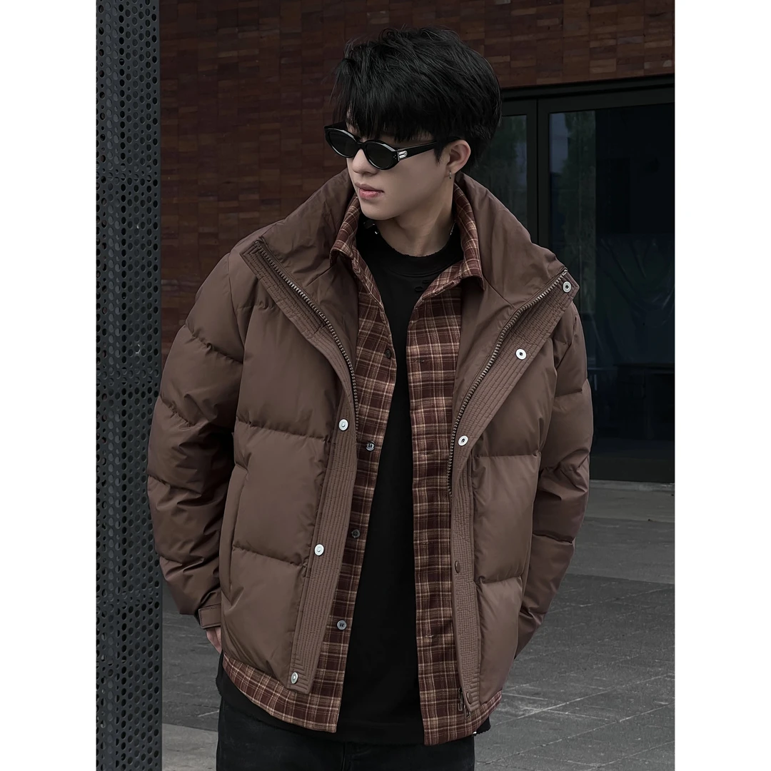 白鸭绒格子衬衫假两件男士短款百搭潮流冬季羽绒服Y287