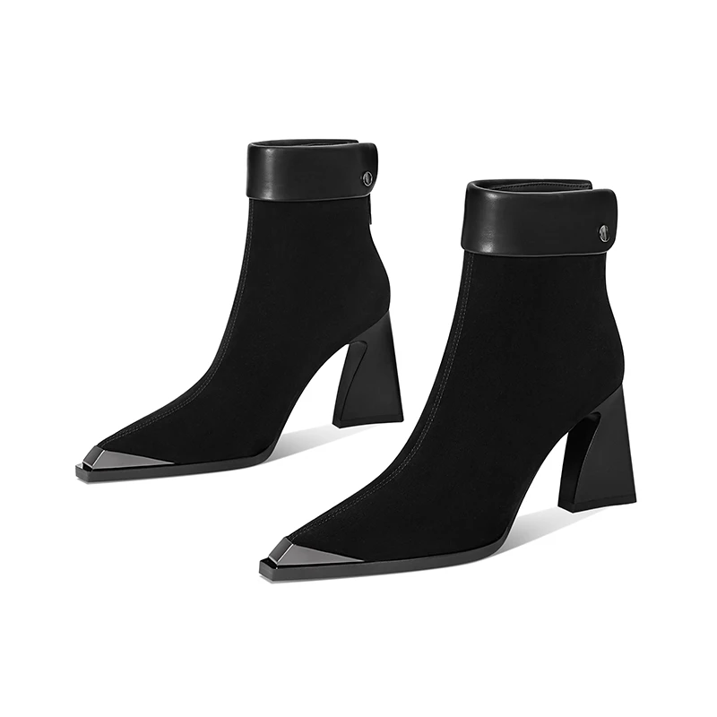 【跟高7cm】2024年秋冬新款金属尖头单靴粗跟高跟短靴时尚百搭女