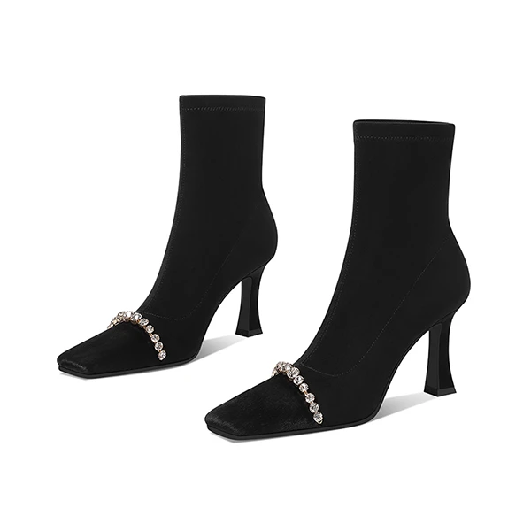 【跟高7cm】2024年秋冬新款水钻弹力瘦瘦靴方头粗跟高跟短靴气质女