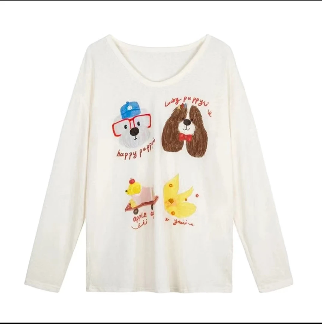 【现货】新款时尚可爱狗狗印花U型设计长袖韩版T慵懒风圆领卡通上衣