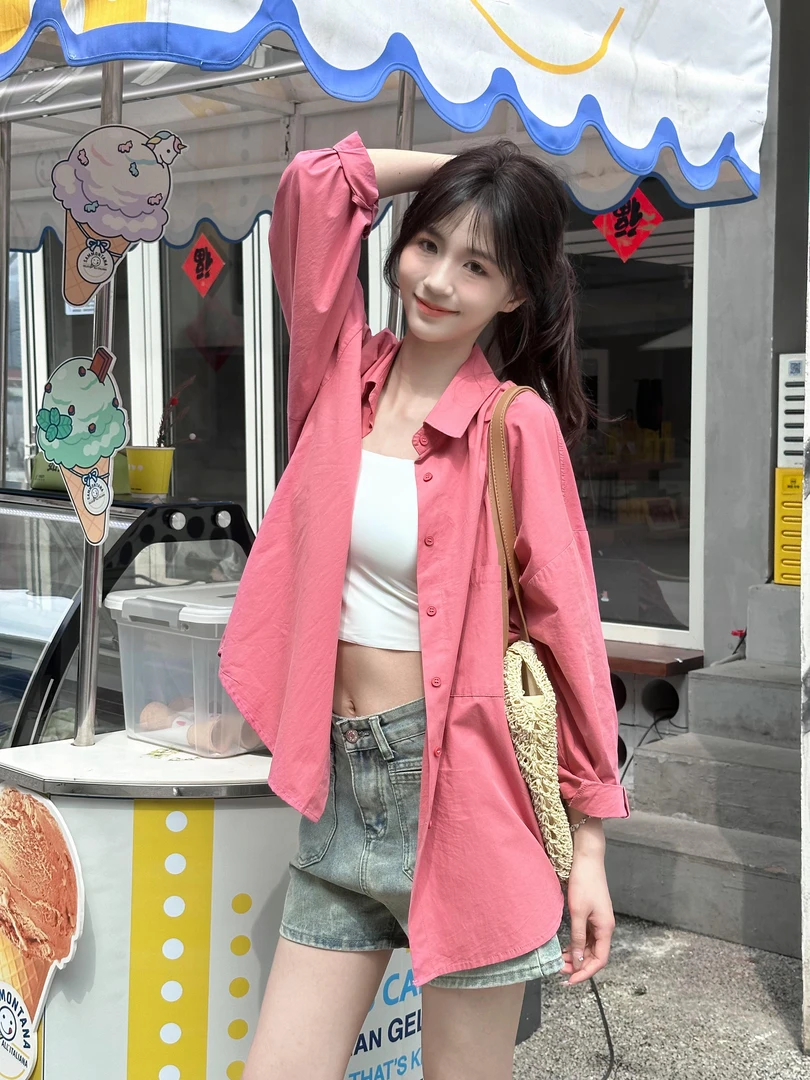 【纯棉】2025春秋糖果色燕尾设计款时尚新款纯色长袖衬衫