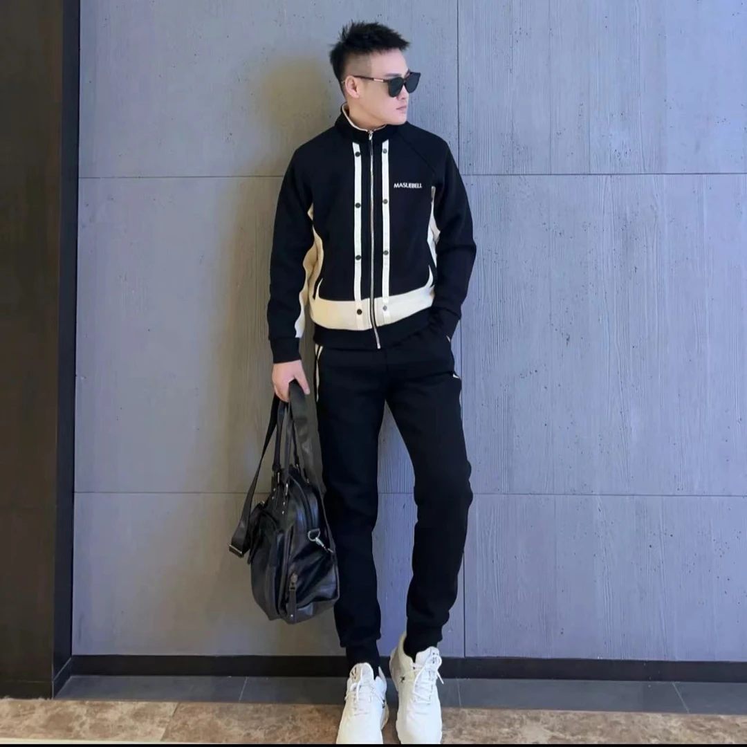 2025春季新款男士休闲轻奢简约时尚百搭潮流重磅修身立领套装韩版