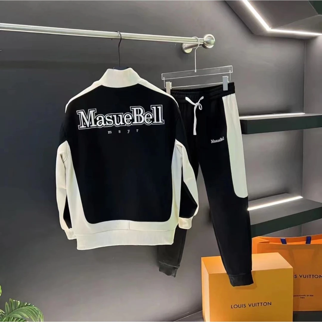 男士春季新款加厚休闲运动套装时尚拼接刺绣潮流百搭轻奢一整套ns