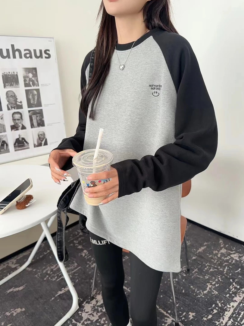 宽松大版拼色长袖T恤加绒设计感小众上衣