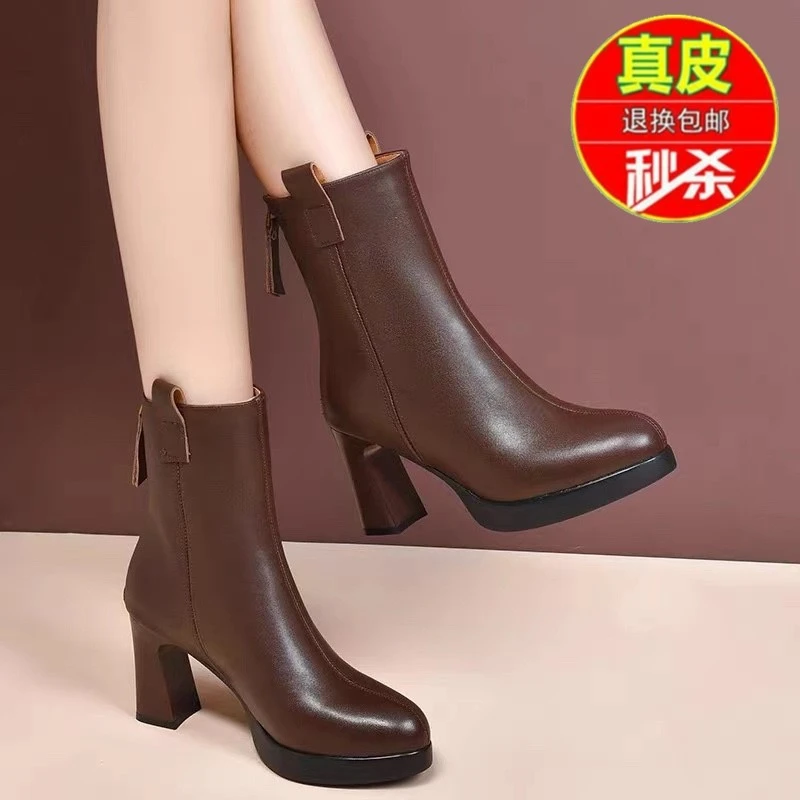品牌断码秋冬真皮高跟短靴女棕色皮鞋加绒真皮女鞋防水台中筒靴女