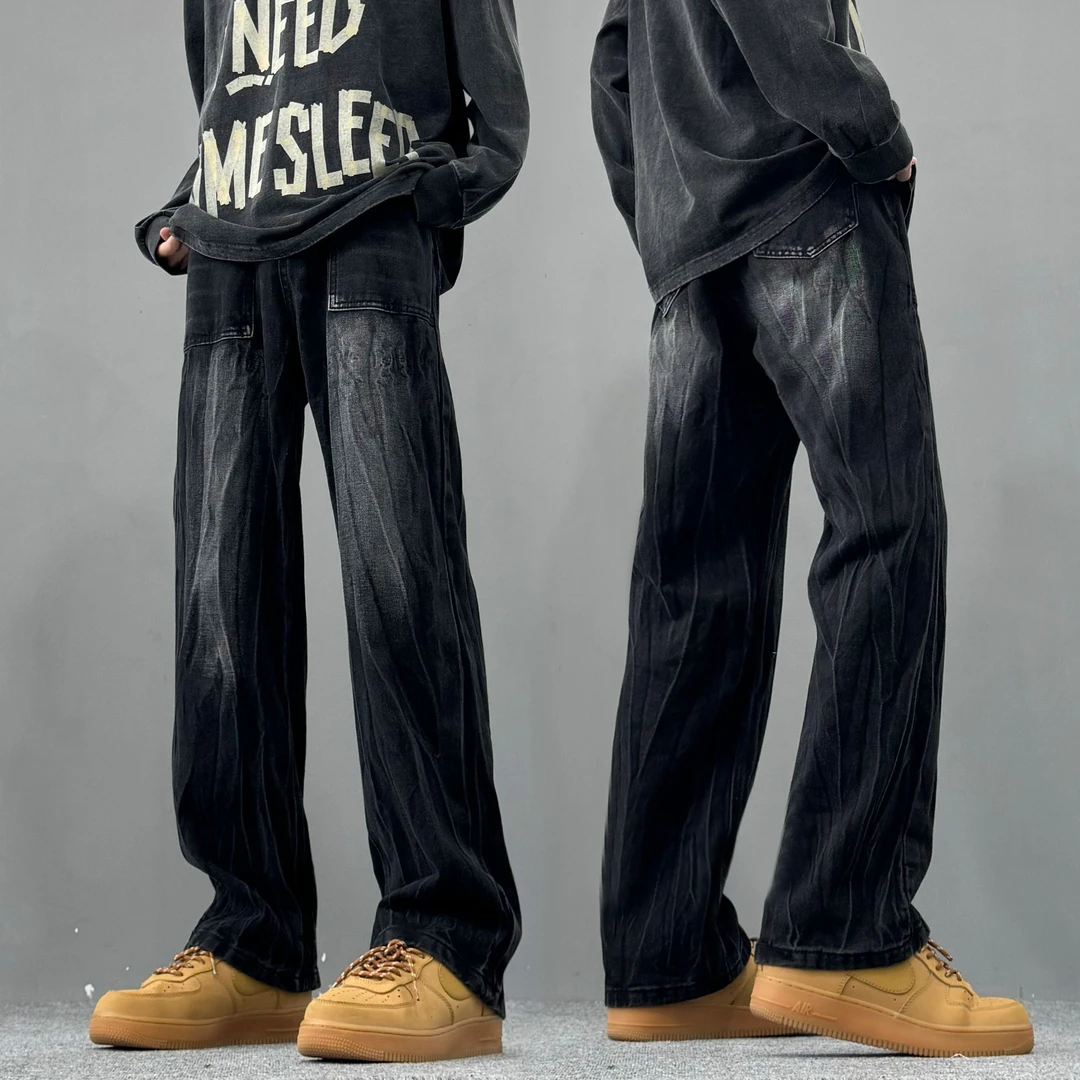 美式复古水洗牛仔裤男款潮牌高街vibe闪电纹裤子宽松直筒阔腿长裤