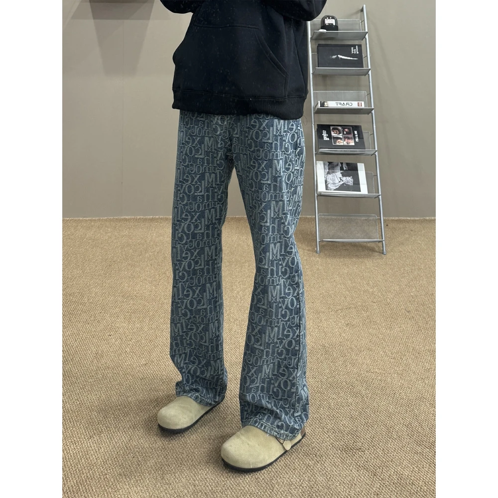 字母提花牛仔裤男款潮牌vibe美式高街裤子高个子休闲直筒微喇长裤