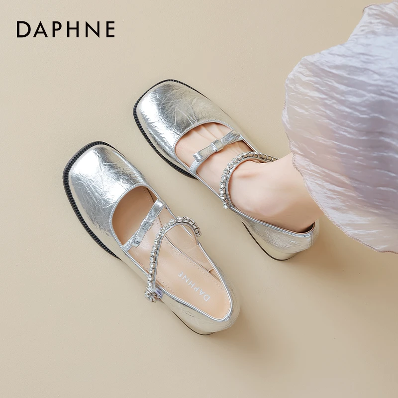 达芙妮银色玛丽珍女鞋2025爆款春夏水钻粗跟单鞋jk小皮鞋芭蕾舞鞋