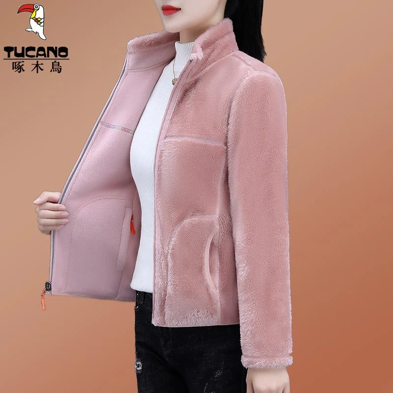 【官方正品】啄木鸟摇粒绒外套女春秋季2024新款双面绒保暖立领上衣