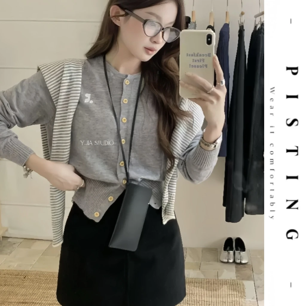 PISTING【假两件】2024早秋披肩两件套长袖针织高级百搭显瘦针织衫